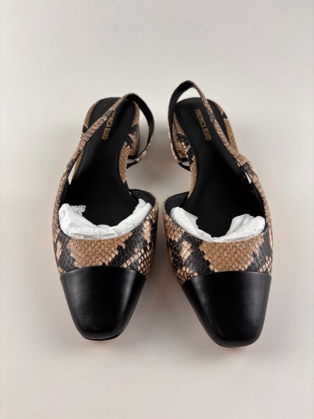Veronica Beard Womens 8M Snakeskin Slingback Pumps Black Cap Toe Block Heel